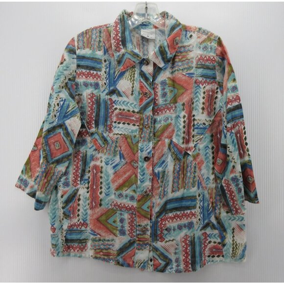 VINTAGE Click CMC Top XS Linen Shirt Abstract Southwestern Aztec 90s - Picture 1 of 10